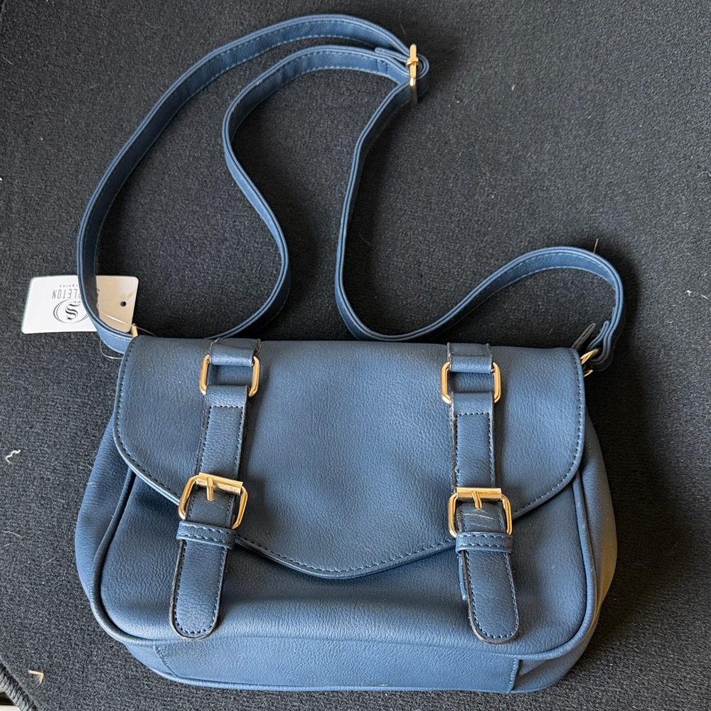 Stylish Blue Crossbody Bag with Gold Accents